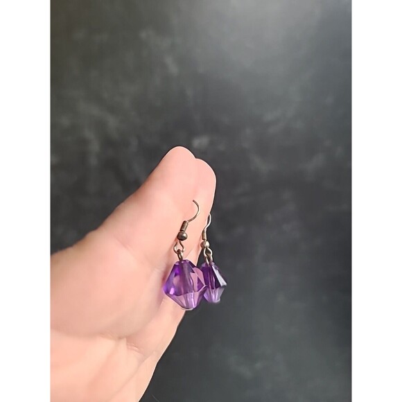 Silver Tone Metal Purple Beaded Dangling Pierced Earrings Vintage - Picture 2 of 10